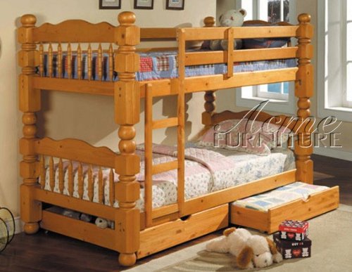 Twin Size Bunk Bed with Underbed Drawers Honey Oak Finish
