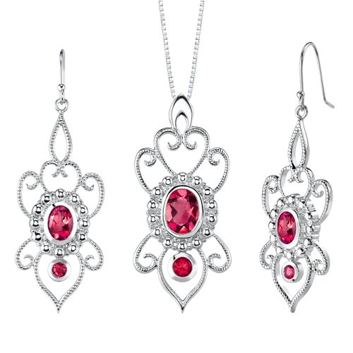 Intricate Delicacy Oval & Round Shape Ruby Pendant Earrings Set in Sterling Silver