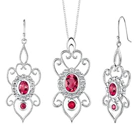 Intricate Delicacy Oval and Round Shape Ruby Pendant Earrings Set in Sterling... by Ruby Birthstones