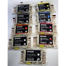 FULL SET Epson inkjet - Comprising Gloss Optimiser Twin Pack T0870 - Photo Black T0871 - Matte Black T0878 - Cyan T0872  - Magenta T0873 - Yellow T0874 - Red T0877 - Orange T0879 - ink cartridge for photo stylus printer R1900 - loose pack