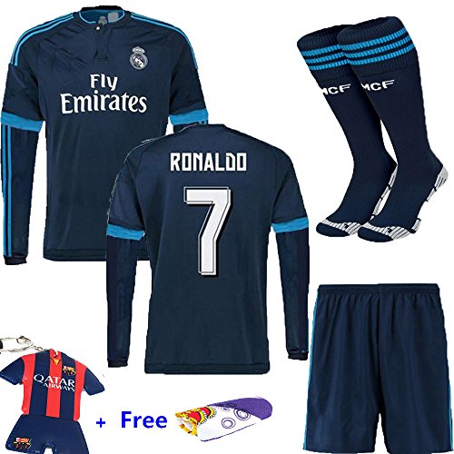 Barcelona Kids Jersey 2015/2016 Football Soccer #7 Away Blue Real Madrid long sleeve jersey & shorts &socks & free key chain & Free face cloth Kids 3-14 Yrs