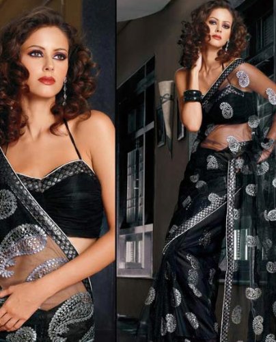 Beautiful Black Tissue Wrap Dress Women's Saree Sari with Unstitched Blouse