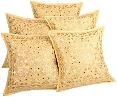Light Weight Cotton Cushion Cover Floral Embroidered Khaki 16x16 Pillowcases Set of 5 By Rajrang