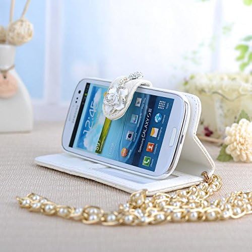 Fashion Diamond Lattice Cell Phone Pouch Folio Flip PU Leather Case Wallet Cover for Samsung Galaxy S3 i9300 with Multiple ID Card Holders & Long Strap & Money Pocket & Bling Flower Design - White