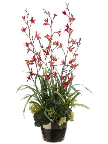 38″ Tropical Artificial Silk Dendrobium Orchid & Succulent Plant Arrangement