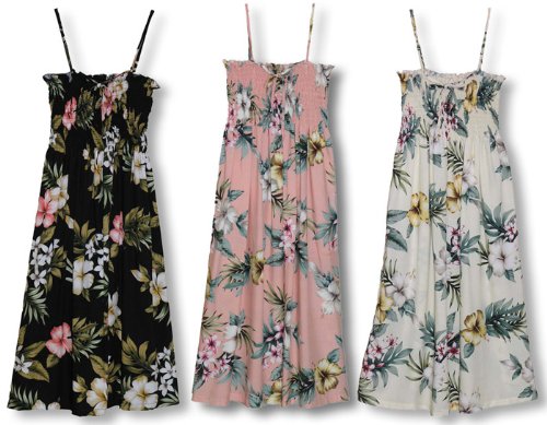 Hibiscus Plumeria Spaghetti Strap Hawaiian Aloha Smocked Sun Dress