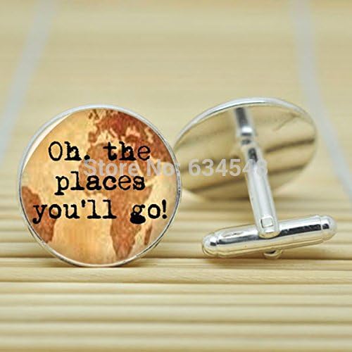Pretty Lee Travel 'Oh The Places You'Ll Go' Dr Seuss Quote Wanderlust In Silver Cufflinks Glass Cabochon Cufflinks C3778