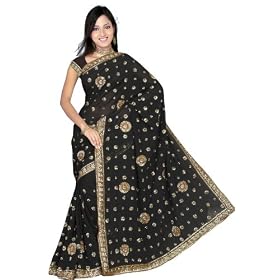 BLACK Faux Georgette Exclusive Partywear Designer Heavy Sequin Embroidery work Sari Saree