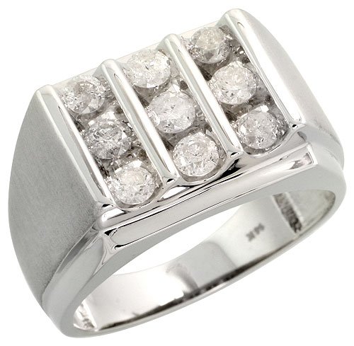 14k White Gold Matte Finish Accent Men's Diamond Ring, w/ 1.00 Carat Brilliant Cut Diamonds, 1/2 (13mm) wide