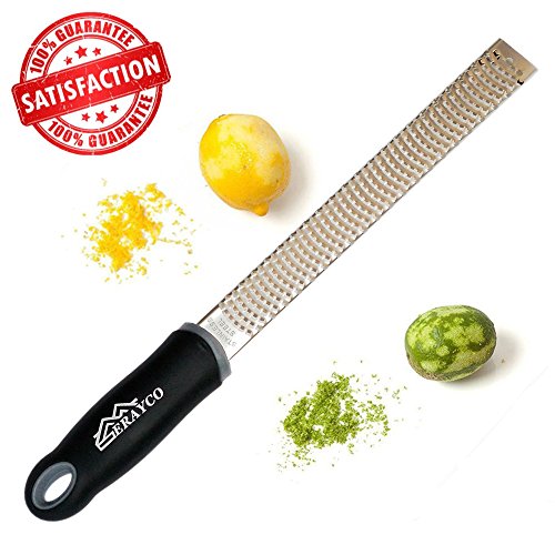 Erayco Stainless Steel Zester with Black Ergonomic Handle, Premium Grater for Lemon, Cheese, Ginger, Garlic, Nutmeg, Citrus, Spices