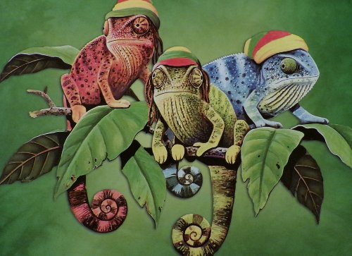Tree-free Greeting Cards: 'Jamacian' CHAMELEON LIZARDS (5" by 7" cards: set of 6 w/ deluxe envelopes). Featuring the artwork of David Wenzel