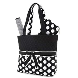 Belvah Large Quilted Polka Dot 3pc Diaper Bag (Black/ White)