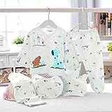 「ノーブランド品」ベビー服セット　赤ちゃん服　新生児肌着　5枚セット　キュート　動物プリント　長袖　コットン　ビブ　帽子　ブルー