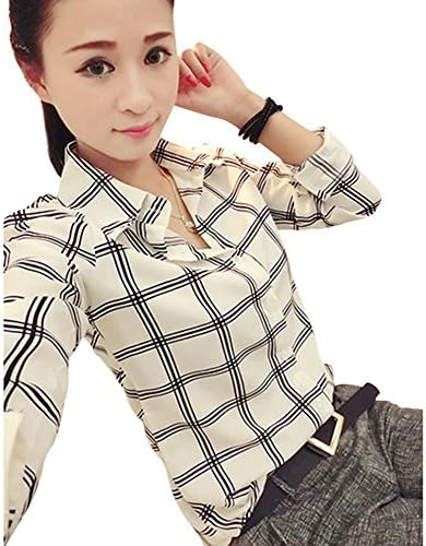 Honboo Womens Office Lady Shirt Casual Plaids Button Down Blouses Fitted Tops