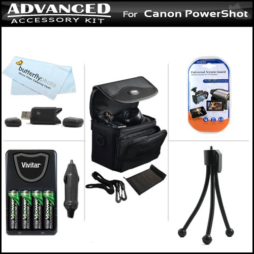 Advanced Accessory Kit For Canon PowerShot SX130 IS SX130IS SX150IS SX150 IS Digital Camera Includes USB 2.0 High Speed Card Reader + 4AA High Capacity Rechargeable NIMH Batteries + AC/DC Rapid Charger + Deluxe Carrying Case + LCD Screen Protectors + More