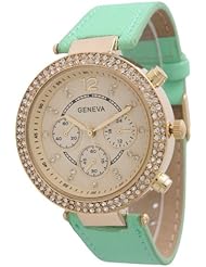 Womens Geneva Dual Stone Leather Watch - Mint