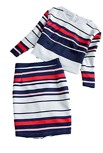 ボーダー柄 スーツ スカートスーツ ツーピース レディースファッション カジュアル 小さいサイズ 大きいサイズ シンプル 七分袖 ラウンドネック タイトスカート ひざ丈 ハイウェスト 美脚 スリム オフィスカジュアル 春夏物 AT1419