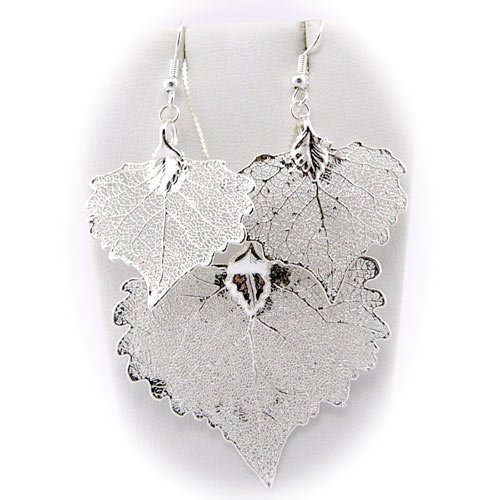 Silver Plated Cottonwood Real Leaf Sterling Silver Serpentine Chain Necklace Earrings 20 inch