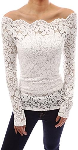 Myriasea 2016 New Sexy Women Lace Blouse Long Sleeve Off Shoulder Shirt-White-M