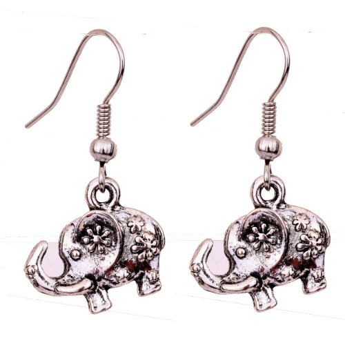 Yazilind Tibetan Silver Cute Fat Carve Flower Elephant Ear Wire Hook Dangle Earrings