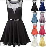 Ladies Mesh Belted Flared Skater Short Mini Dress Sleeveless Womens Sizes 8 / 10 , 12 / 14