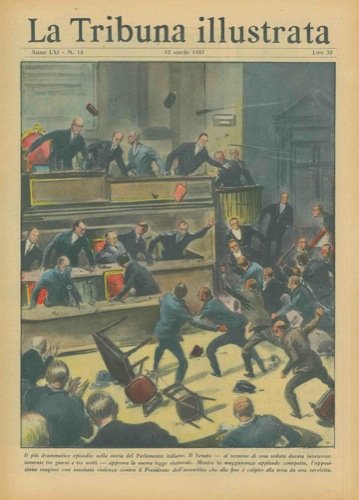 Il Senato dopo una seduta durata ininterrottamente tre giorni e tre notti, approva la nuova legge elettorale. Il Presidente, dopo una zuffa gigantesca, e colpito alla testa da un tavoletta. (A Roma, Italia).