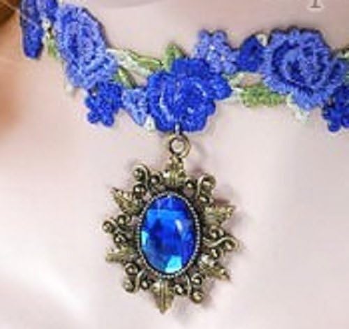 Blue Elegant Retro Gothic Lolita Rhinestone Velvet Lace Pendant Necklace Choker (A00197)