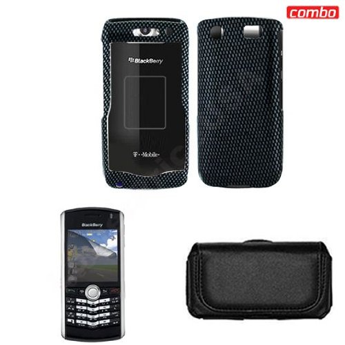 Blackberry pearl 9100 Combo Carbon Fiber Protective Case Faceplate Cover + LCD Screen Protector + Black Horizontal Leather Pouch for Blackberry pearl 9100