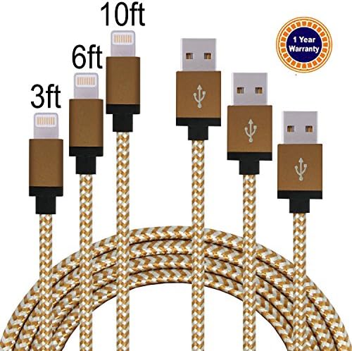 Jricoo 3pcs 3FT 6FT 10FT Lightning Cable Popular Nylon Braided Charing Cable Extra Long USB Cord for iphone 6s, SE, 6s plus, 6plus, 6,5s 5c 5,iPad Mini, Air,iPad5,iPod on iOS9.(brown+white).