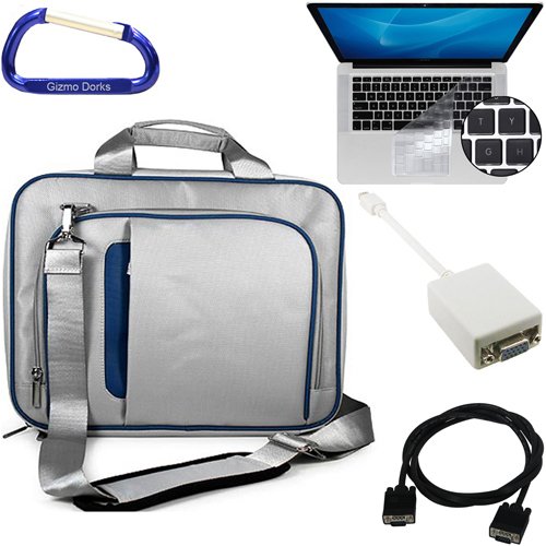 Grey / Blue Apple MacBook Pro / MacBook Air 13.3 Inch Laptop Shoulder Strap Carrying Case Bag, Keyboard Silicone Skin Cover, Mini DisplayPort Male to VGA Female Adapter, VGA Male to Male 6 Feet Extension Cable, and a Free Carabiner Key Chain