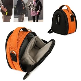 Pocket Camcorder Bag Sony Bloggie Duo 3D & Touch RCA EZ3000 Toshiba Camileo Panasonic HM TAI1 Samsung HMX U20 JVC PICSIO VanGoddy Mini laurel Small Camera Bag For Pocket Camcorder Models (Tangerine)+ 4GB Micro SD Card with SD Adaptor