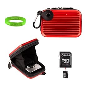Red Metal Case with Swivel Carabineer and clip for your Olypmous PEN E PL3 + Green Vangoddy Bracelet + Camera Tripod + 16gb SD card + Universal Camera Screen Protector!!!