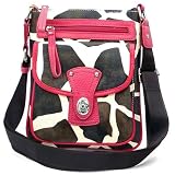 Giraffe Print Cross Body Messenger Bag Handbag (Fuchsia Trim)