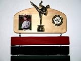 Martial arts belt display with a KICK ! Pine trophy.