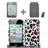 [3in1 Bundle- Case + Screen Protector Film + Bag] Rubberized Silver Black Pink Blue Purple Green Colorful Leopard Snap on Design Case Hard Case Skin Cover Faceplate for Apple Ipod Touch 4g 4th Generation