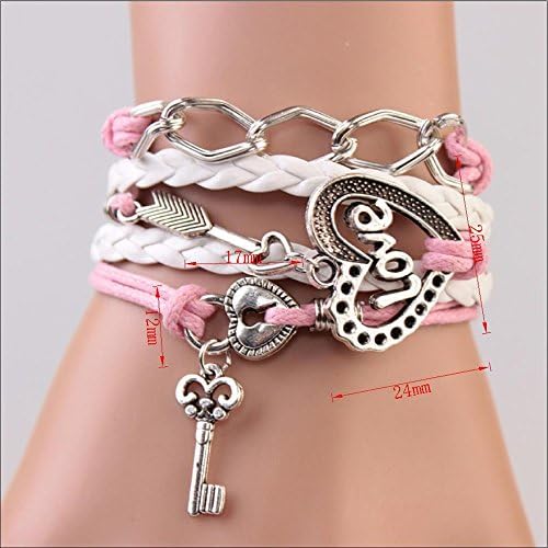 2015 New Handmade Bracelet Lock+key +Cupid's Arrow Charms Infinity Bracelet White&pink Leather Braclet. Best Couple Gift