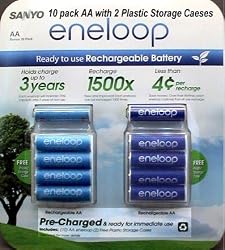 10 Pack AA eneloop 2nd generation 1500 cycle Rechargeable Batteries with 2 Plastic Storage Cases