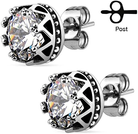316L Surgical Stainless Steel Pair of Casting Crown with Round Cut Clear Cz Stud Earring, Friction Back Post, Earring Diameter of 9MM