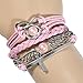 HITOP Jewelry Mens Womens Leather Bracelet, Vintage Heart Wing Cross Charm Bangle, Pink
