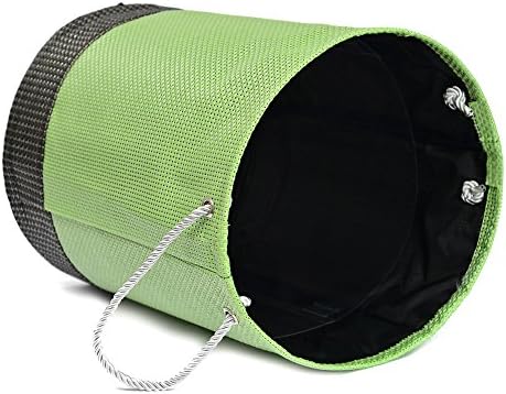 Lixin Teslin DIY Laundry Basket 17.7*13.7-inch, Large Household Essential Modern Sturdy Round Folding Drawstring Tote Laundry Hamper with Rope Handle(Green with Black)