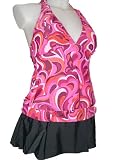 Beach Native 2 pc Tankini Skirtini Halter Swimsuit, Red/pink/orange with Black Skirt