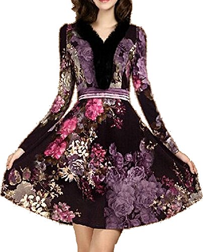 ワンピース 花柄 フラワー ゴージャス パーティ ファー 結婚式 ２次会 デート 大きいサイズ カジュアル セクシー キュート エレガンス レディース 秋物 冬物 可愛いスカーフ付き R477