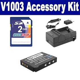 Kodak V1003 Digital Camera Accessory Kit includes: SDKLIC7003 Battery, KSD2GB Memory Card, SDM-174 Charger