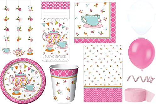 Tea Time Party Supplies for 8 Guests This Ultimate Party Pack Includes Table Cover, Cups, Napkins, Plates, Pop Up Invitations, Hanging Cutouts, Curling Ribbon, Streamer, and Balloons - This Bundle Includes 64 Pieces!