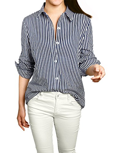 Allegra K Women Vertical Stripes Button Down Long Roll Up Sleeves Shirt