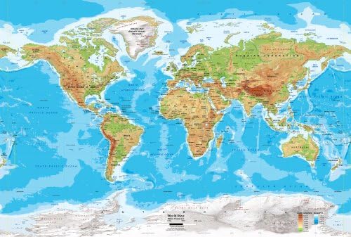 World Map Wall Mural - Physical - Miller Projection - 3 panel - 107" x 72"