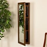 Wall-Mounted Rectangle Jewelry Cabinet with Mirror - Walnut Finish