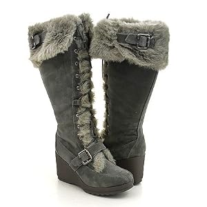 Buy Gray Furry Wedge Winter Knee Boots Women---Vegan Friendly! by Breckelles