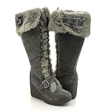Gray Furry Wedge Winter Knee Boots Women---Vegan Friendly!