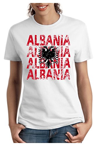 OM3 – ALBANIA – Damen T-Shirt tailliert – ALBANIEN EM 2016 FRANKREICH FRANCE FUSSBALL FANSHIRT SOCCER SPORT TRIKOT EUROPAMEISTER, S, weiss